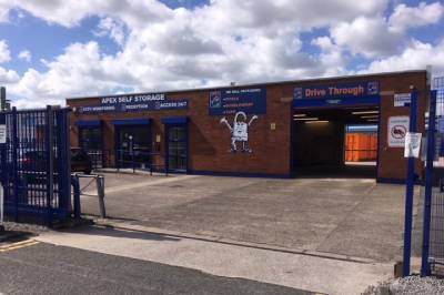 External, road-side view of the Apex Self Storage Warrington branch, located in Cheshire.
