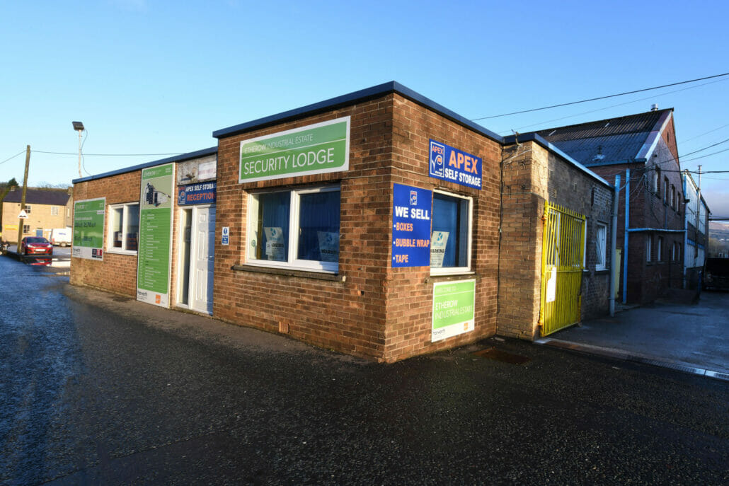 External view of the Apex Self Storage Glossop branch, located in Derbyshire.